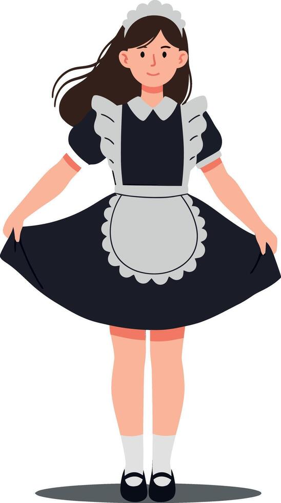 A cheerful young woman in a classic maid outfit with a playful expression, in flat style art vector