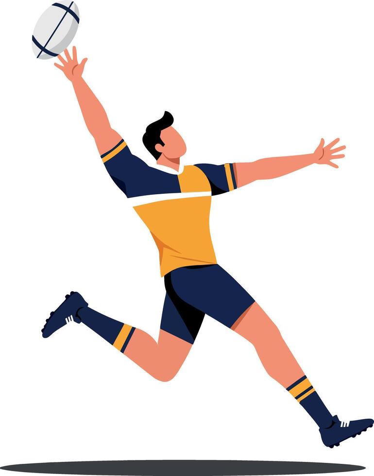 Dynamic rugby player in mid-leap wearing a vibrant blue and yellow uniform showcasing athleticism in a flat illustration vector