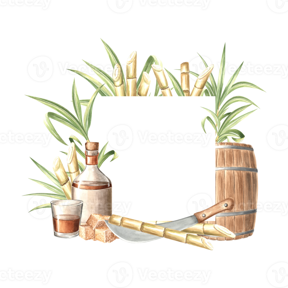 Rum bottle and glass, sugar cane and brown sugar, barrel and machete. Template postcard, border with copy space. Hand drawn watercolor illustration isolate. Square frame of plantation harvest. Clipart png