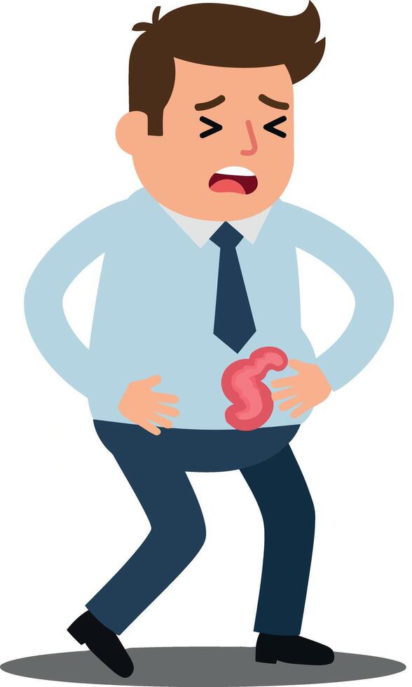 Frustrated businessman in pain holding his stomach in a flat style illustration depicting discomfort and urgency in a professional setting vector