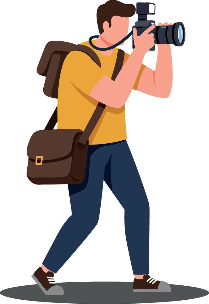 A young male photographer capturing images with a camera while walking in a vibrant flat design art vector