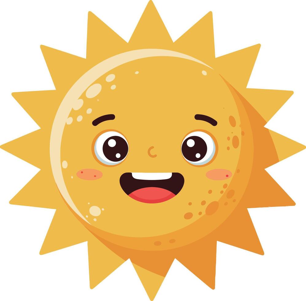 Cheerful smiling sun with a friendly face, bright yellow rays, and a playful cartoon style, exuding warmth and joy in vibrant art vector