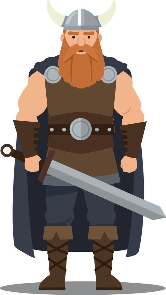 Strong Viking warrior with a braided beard and horned helmet in flat design style, showcasing courage and strength in illustration vector