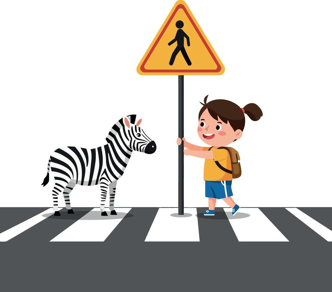 A cheerful girl in a yellow shirt holding a pedestrian sign next to a zebra on a crosswalk, flat illustration vector