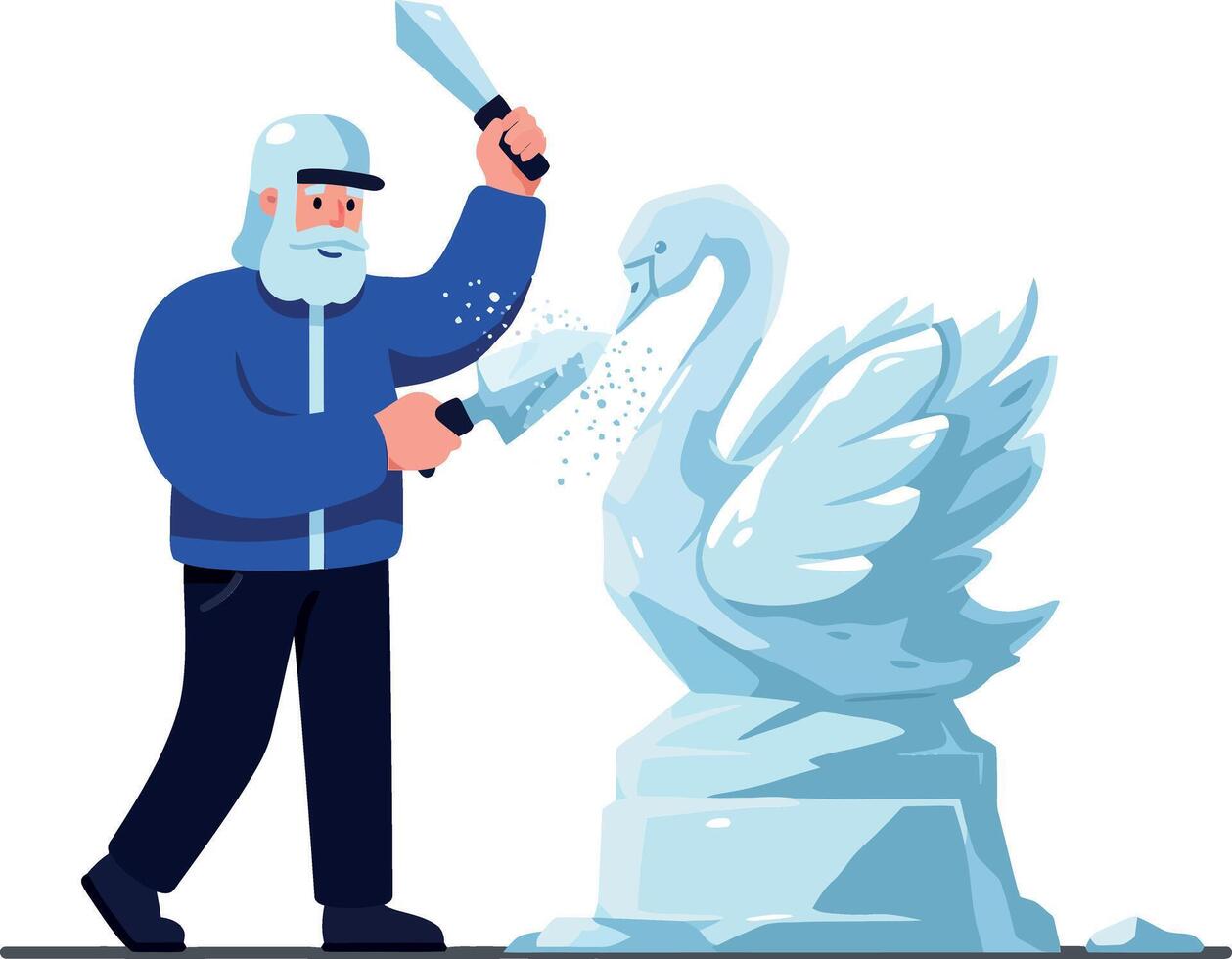 Ice sculptor working meticulously on a detailed swan statue in a flat, minimal style illustration vector