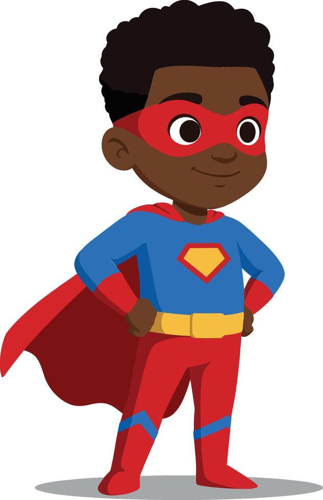 Young superhero boy in vibrant red and blue costume with cape showcasing confidence in flat art vector