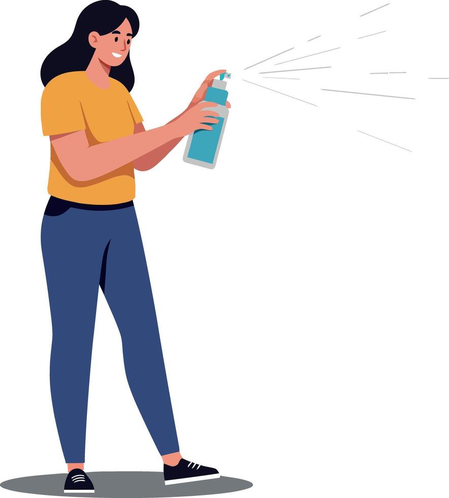 A woman holding a spray can in a bright yellow shirt, performing an artistic action in a minimal illustration vector