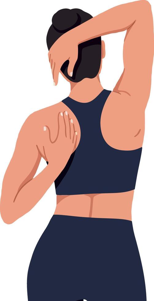 Woman in a black sports outfit stretching her arms in a flat and minimal style illustration vector
