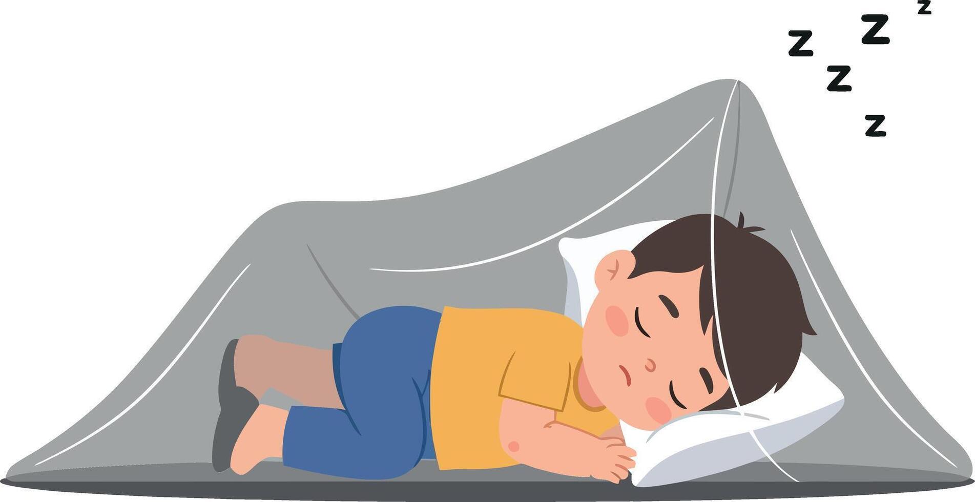 A young boy peacefully sleeping under a grey blanket fort in a cozy environment, illustrated in a flat and colorful art style vector