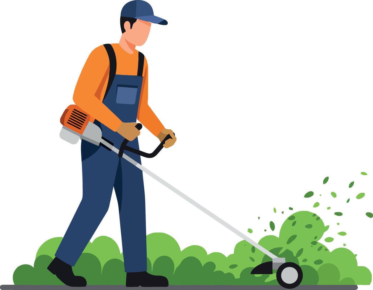 A man using a grass trimmer in a green yard wearing an orange shirt and blue overalls in a flat illustration vector