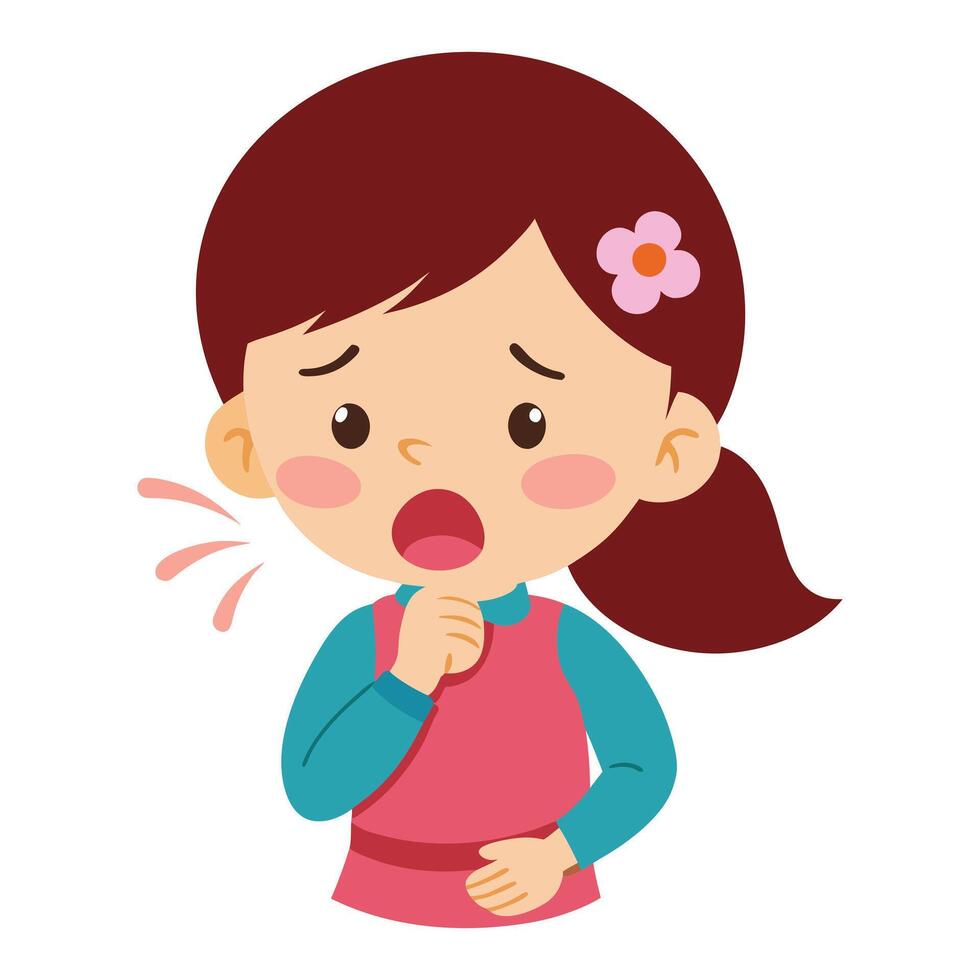 a flat illustration of a kid coughing, a flower in her hair vector