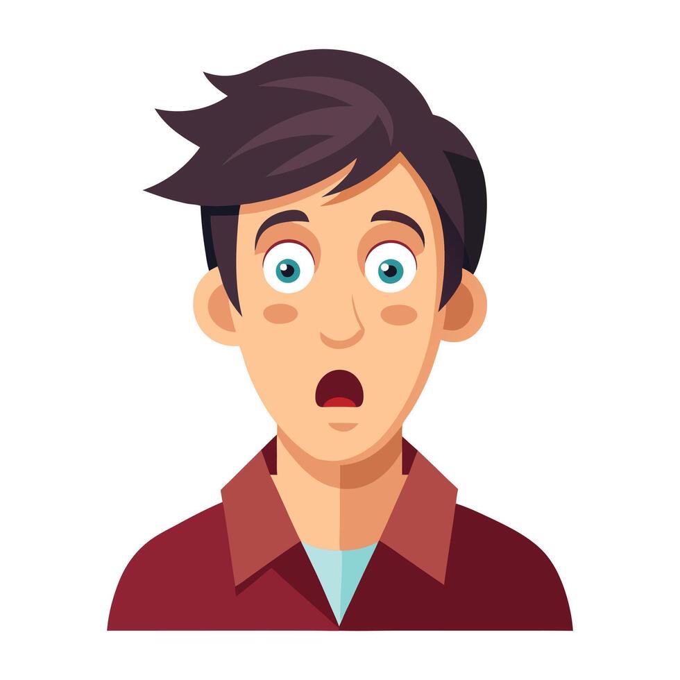a flat illustration of a shocked face, open eyes, a maroon shirt vector