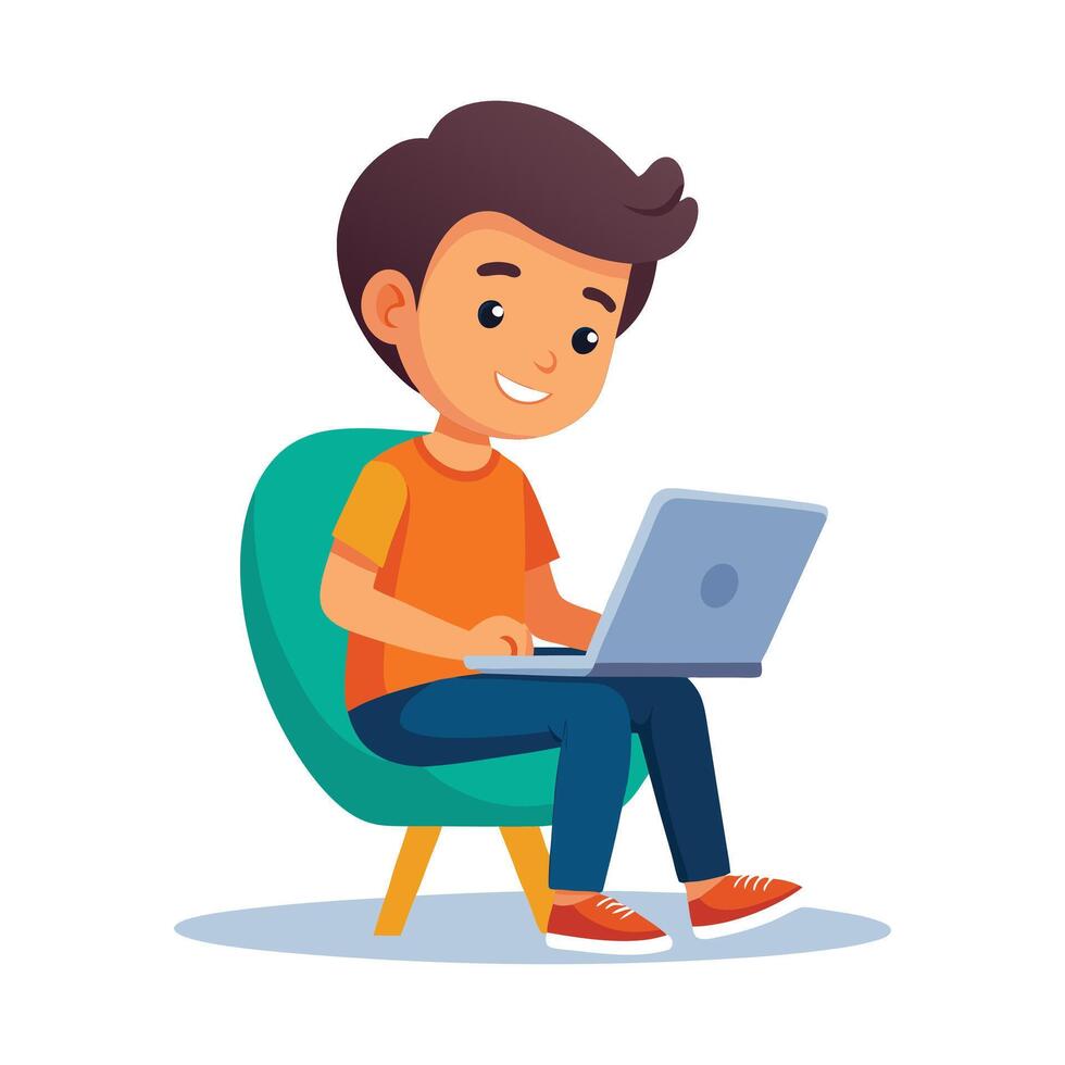a flat illustration of a boy sitting and using a laptop, an orange shirt, playing a game vector