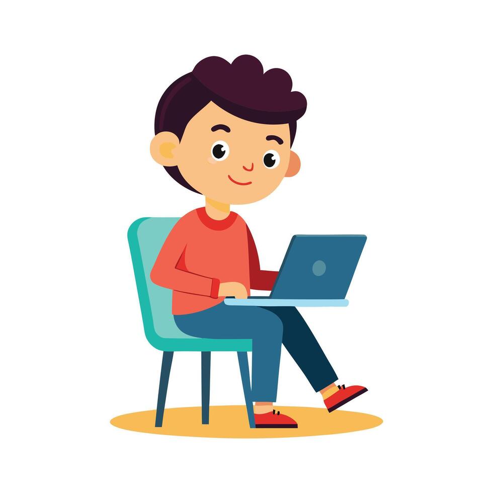a flat illustration of a boy sitting and using a laptop, face front, a red shirt, vector