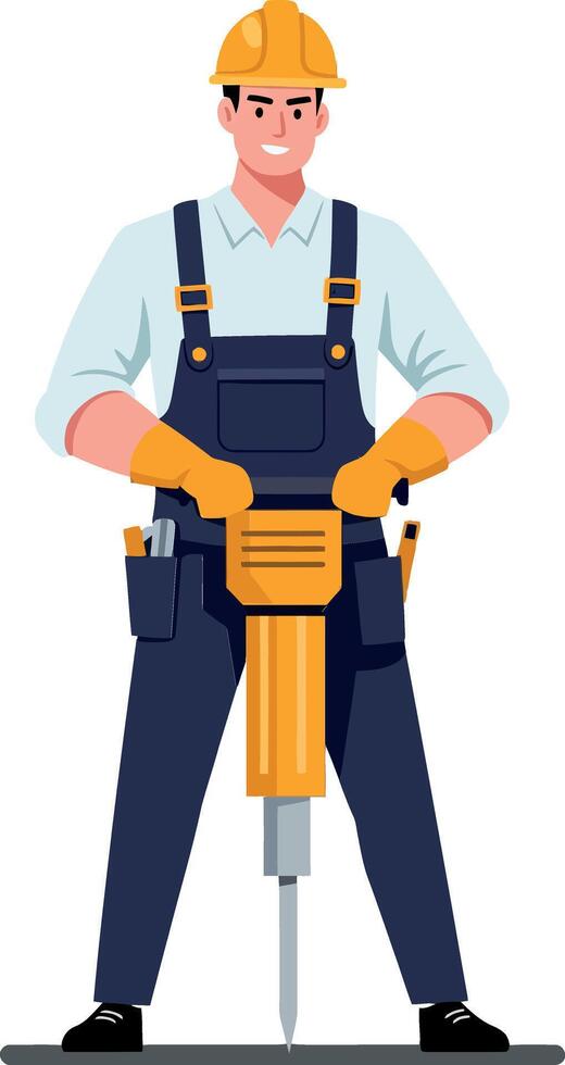 Construction worker in yellow hard hat using jackhammer in flat style with focus on determination and strength in action illustration vector