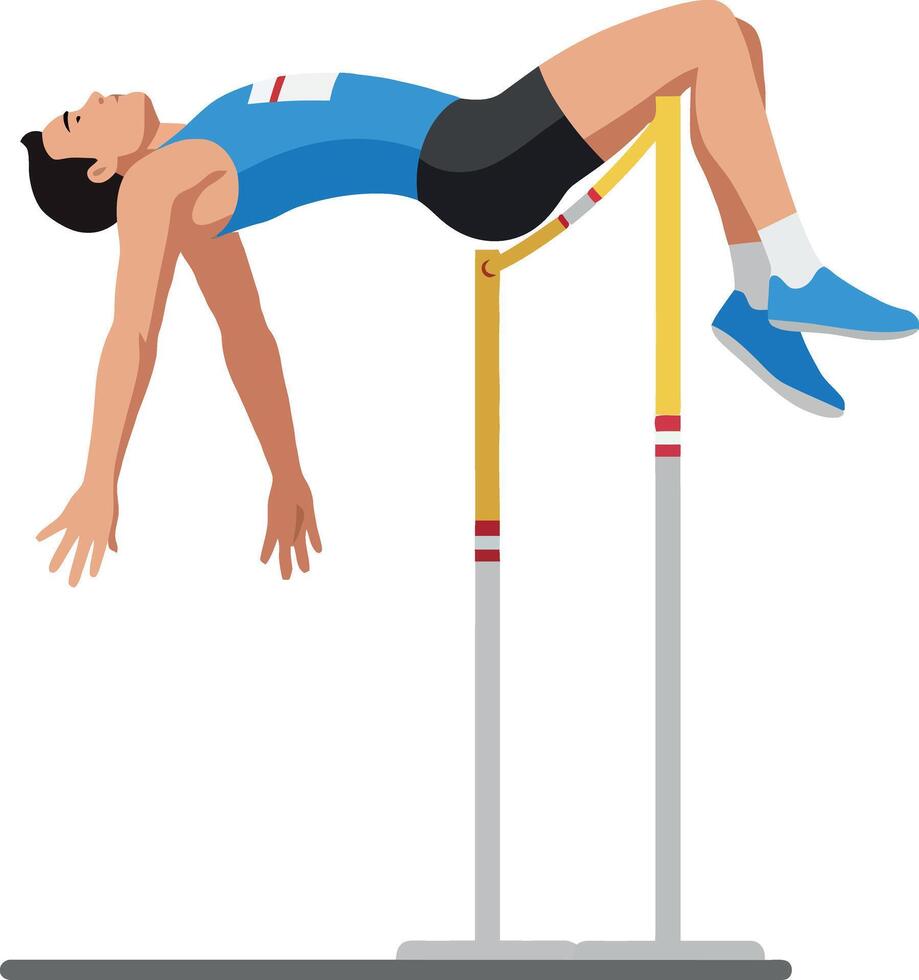 High jumper in mid-air performing a graceful leap over a bar in flat art style vector