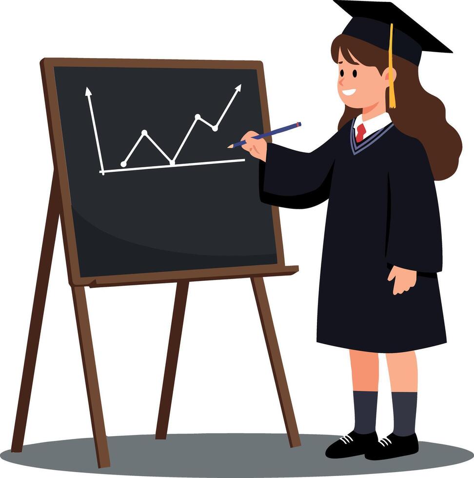 Young female graduate in cap and gown presenting data on a blackboard in a flat illustration style showcasing confidence and achievement in an educational setting art vector