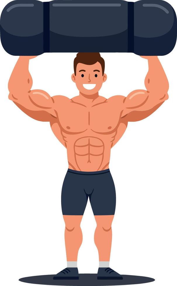 Muscular man lifting a heavy barbell with determination in a flat, bold design representing fitness and strength in illustration vector