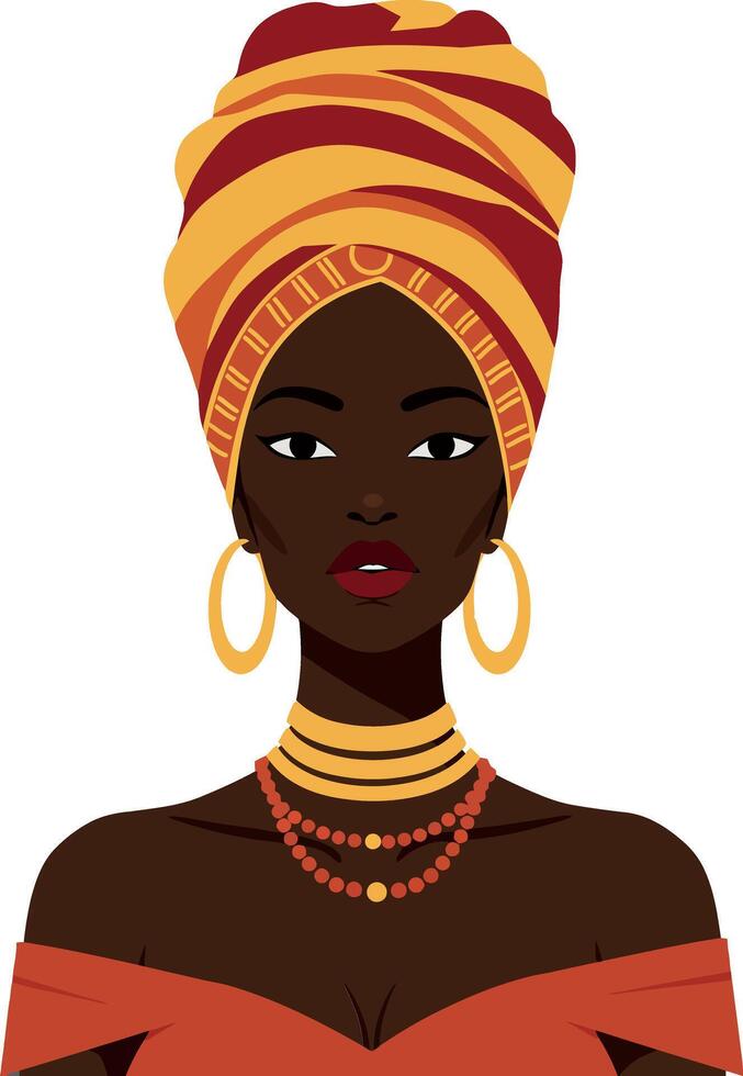 Elegant woman with vibrant headwrap and jewelry in flat style art vector