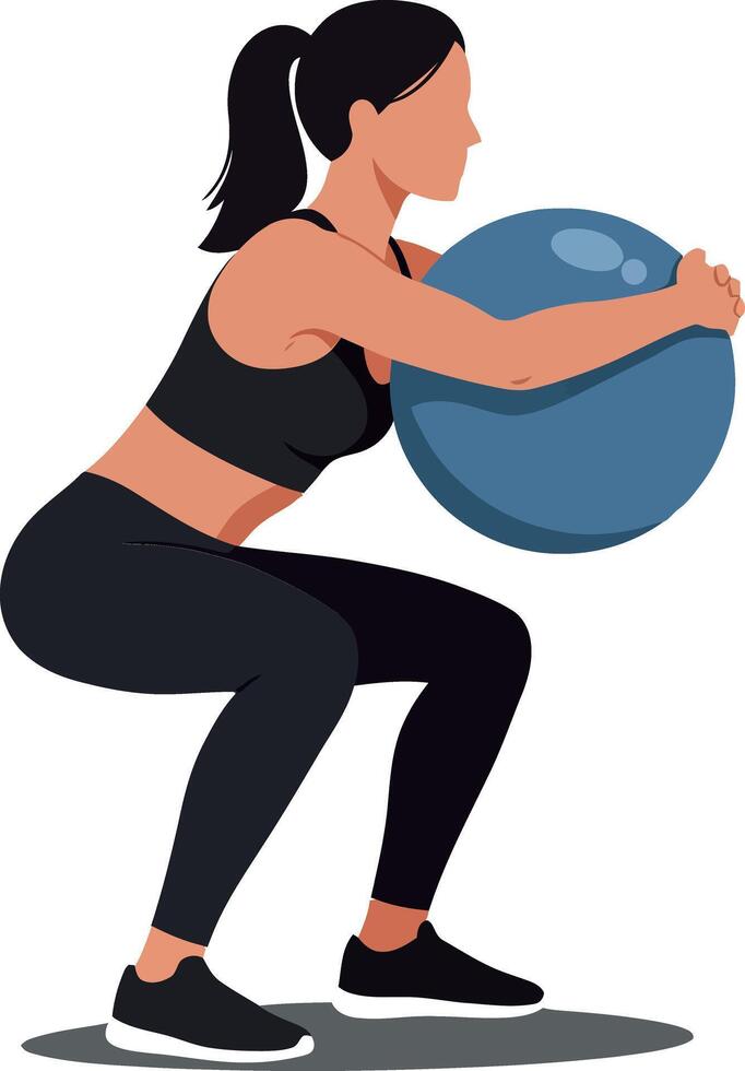 A woman performing a squat exercise while holding a blue fitness ball in a minimal style illustration vector