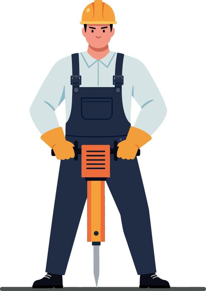 Construction worker in overalls confidently holding a jackhammer while wearing a hard hat in a minimal flat illustration vector