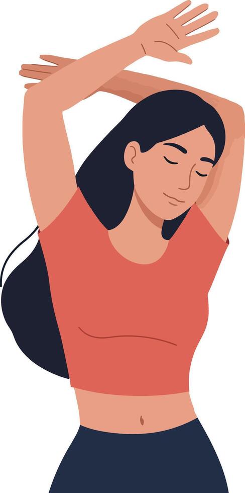 Woman stretching in a relaxed pose wearing a red crop top and dark pants, minimal flat design illustration vector