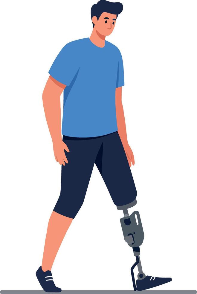 Young man with a prosthetic leg confidently walking in a casual blue shirt and shorts in a flat illustration vector