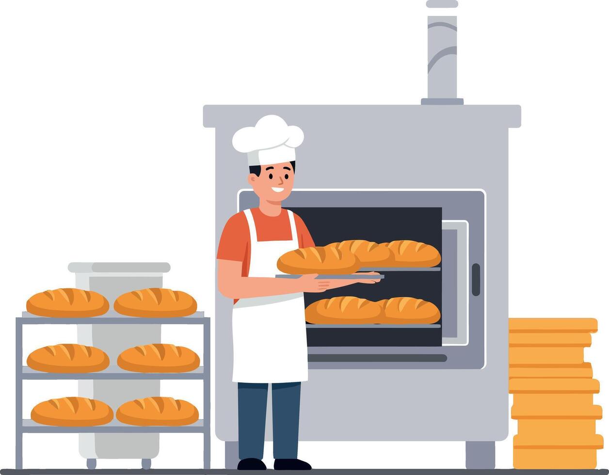A cheerful baker in a white chef hat holds a tray of fresh bread loaves in a bright, flat design art vector