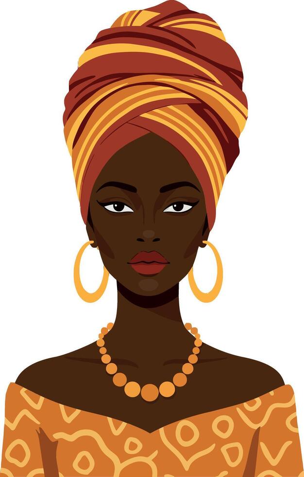 Elegant woman with a vibrant headwrap and orange patterned dress in flat art style showcasing cultural beauty and confidence vector