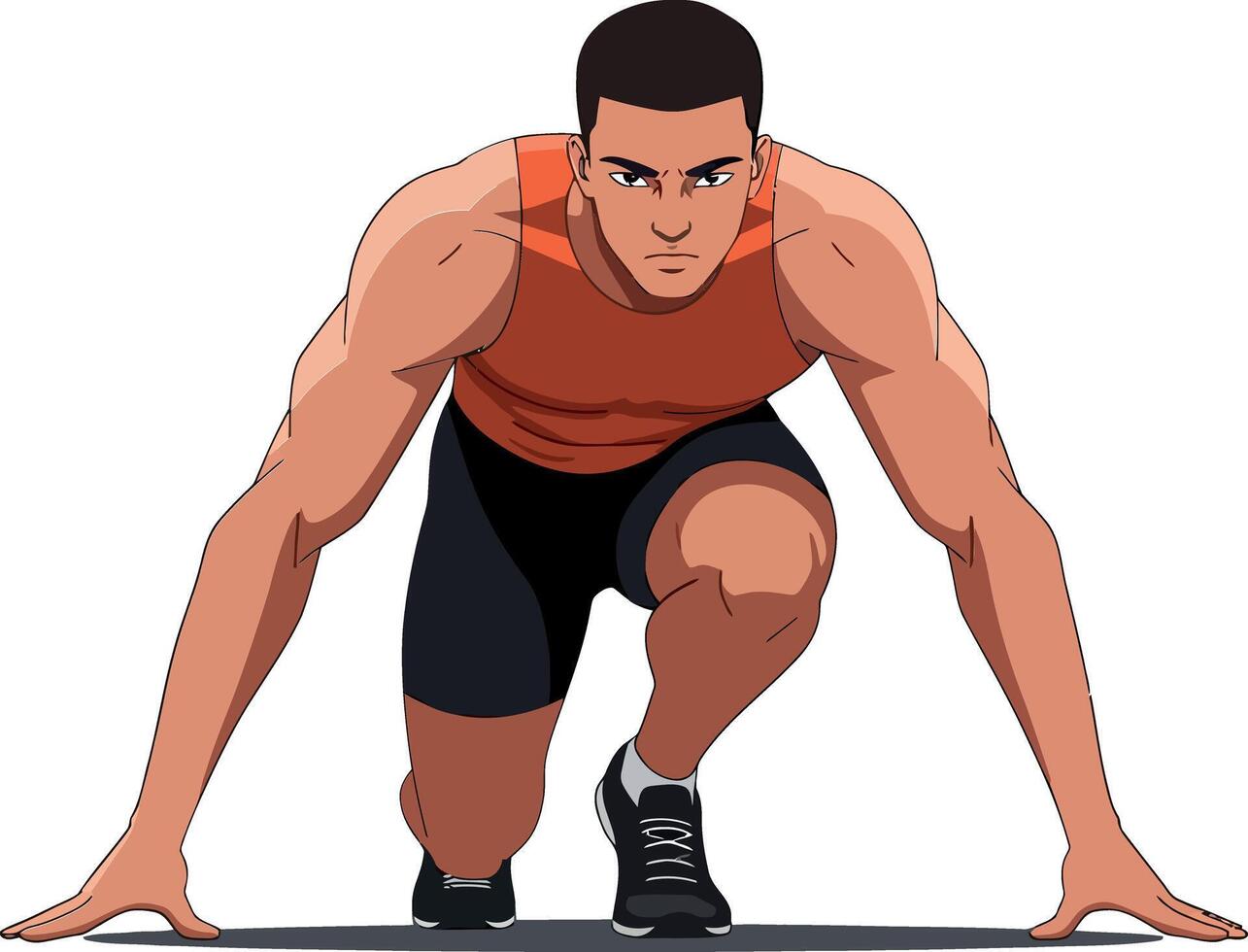 Athletic male sprinter in a dynamic starting position with a minimal style showcasing strength and determination in vibrant illustration vector