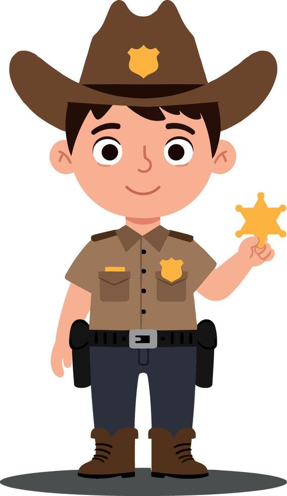 Young cartoon sheriff character in flat design holding a sheriff star with a friendly expression in art vector