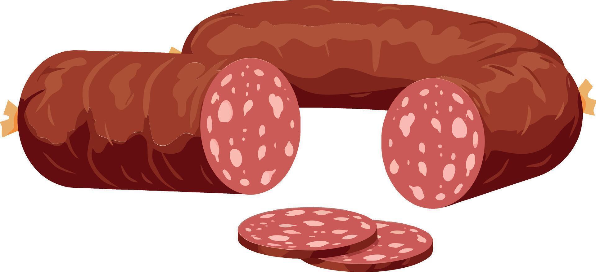 Sliced and whole sausages displayed on a clean surface in a flat design art style, showcasing rich colors and detailed textures of cured meats vector