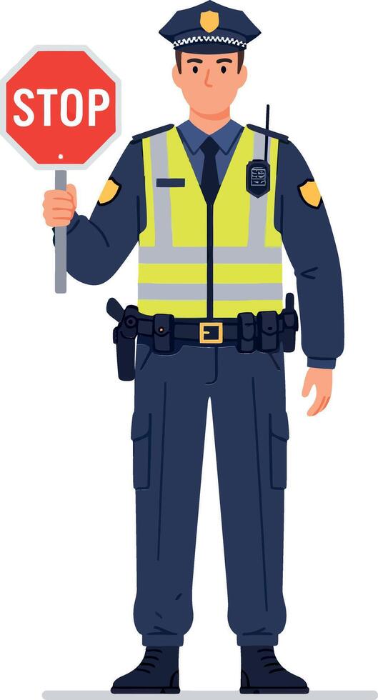 Police officer wearing a uniform holding a stop sign in a detailed flat illustration showcasing authority and safety in an urban environment vector