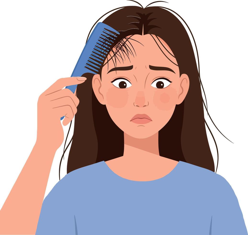 Young woman with brown hair expressing concern while combing her hair in a minimal and flat design illustration vector