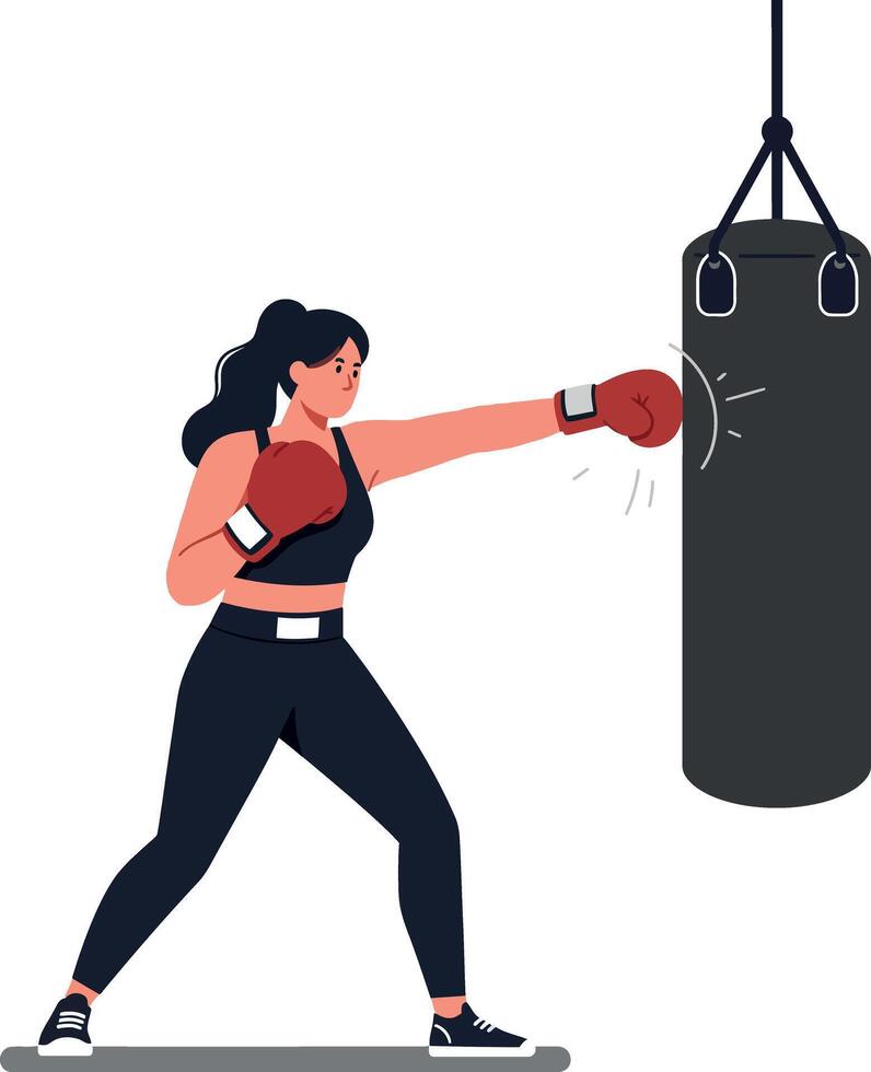 A determined woman in sports attire delivering a powerful punch to a hanging punching bag in a flat illustration showcasing strength and focus vector