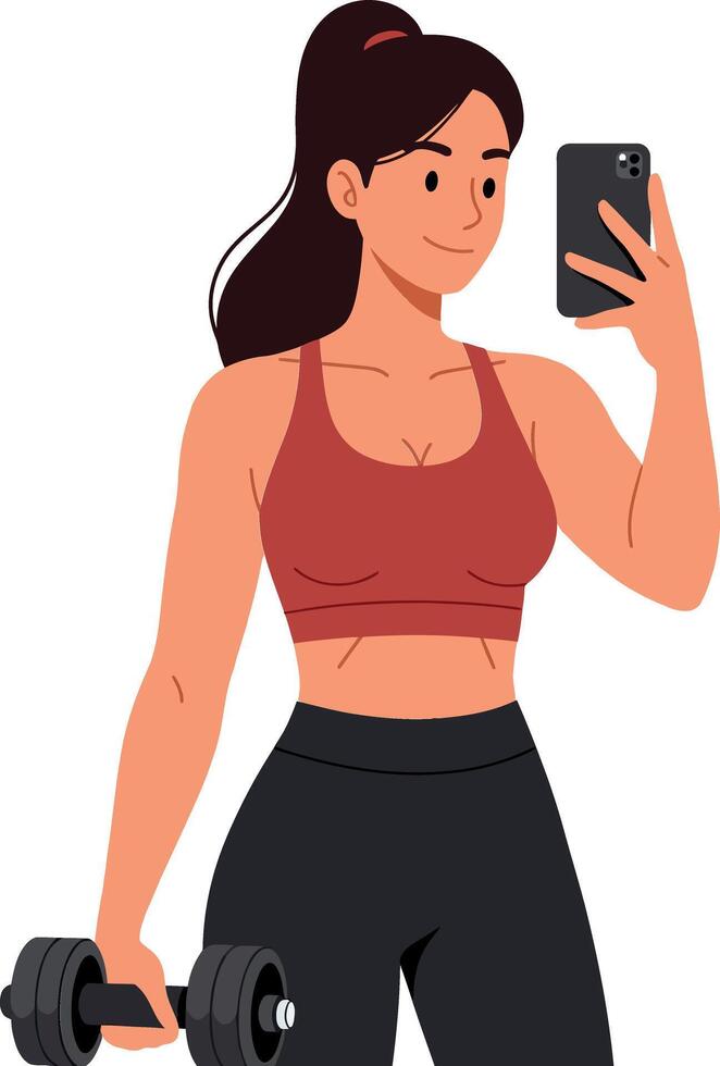 A young woman in athletic wear confidently taking a selfie while holding a dumbbell, featuring a minimal style illustration vector