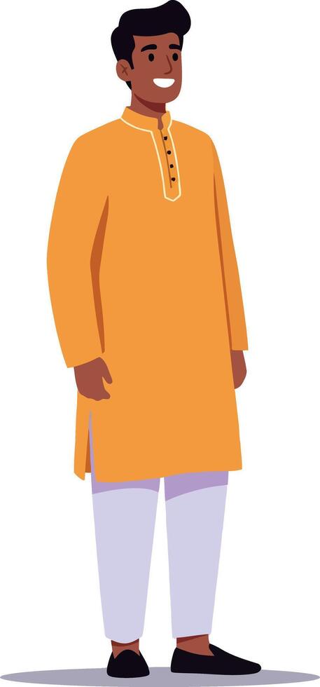 Young man in vibrant orange kurta with white pants and black shoes, standing confidently, showcasing cultural attire in a flat art style vector