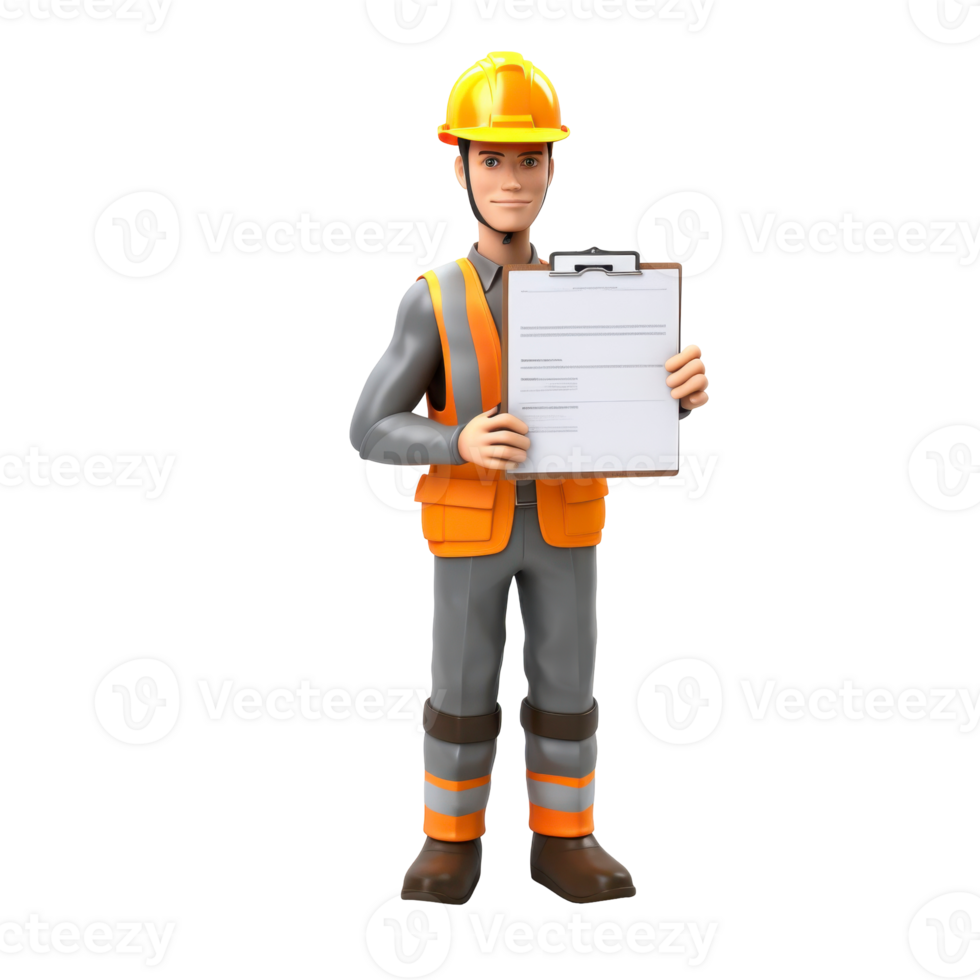 3d Man in yellow vest holding a clipboard. isolated on transparent background png