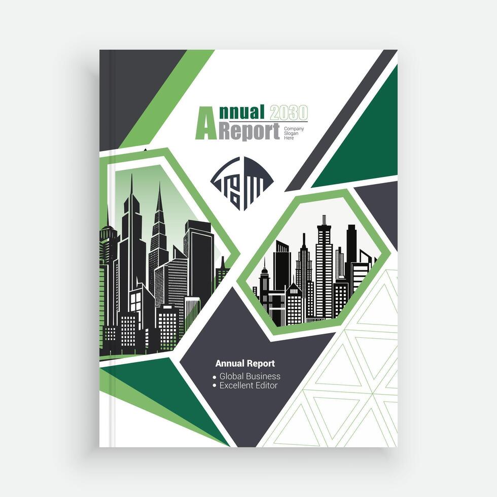 an annual report cover with green and white geometric shapes vector