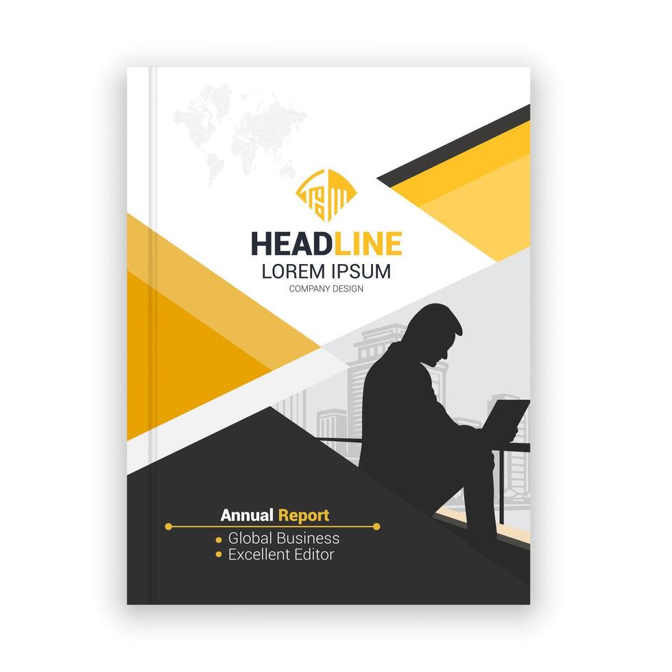 a business annual report template with a man sitting on a laptop vector