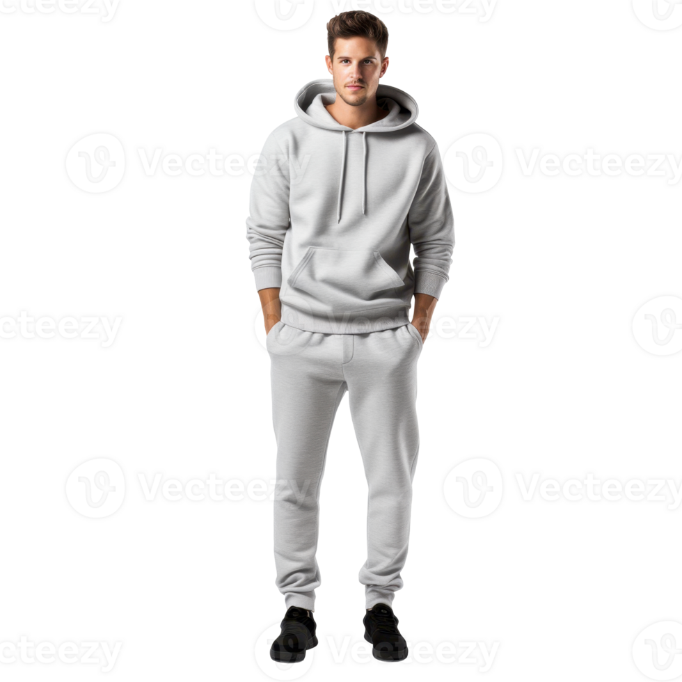 A man in a gray sweatshirt and gray pants. isolated on transparent background png