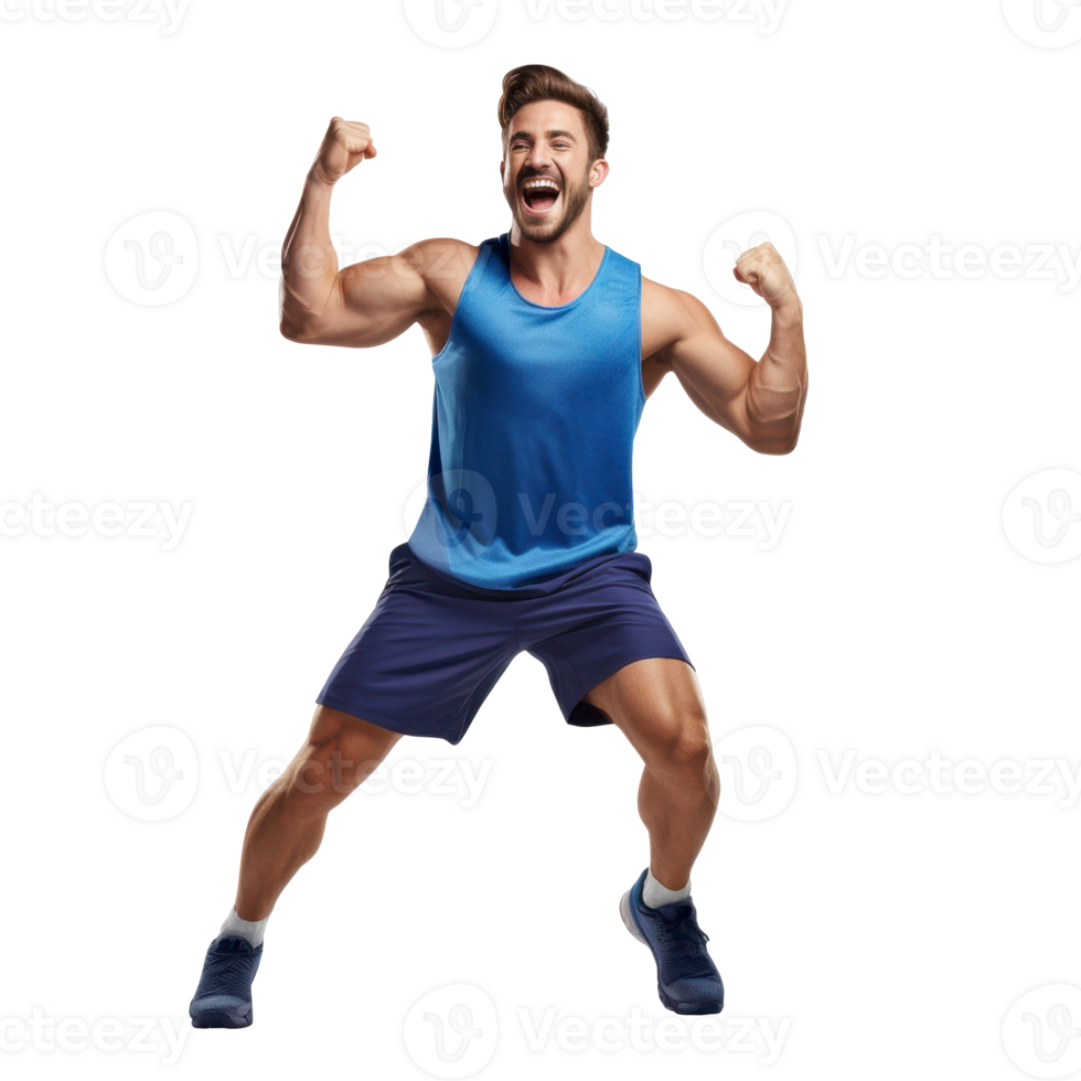Fit Man in a blue tank top and blue shorts is jumping up and down. isolated on transparent background png
