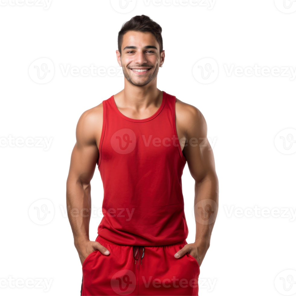 Fit man in a red tank top and red shorts is smiling. isolated on transparent background png