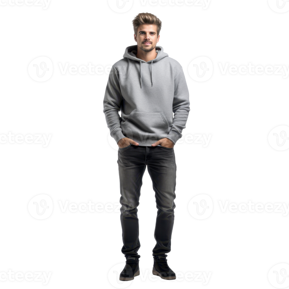 Man wear a gray hoodie and black shoes. isolated on transparent background png