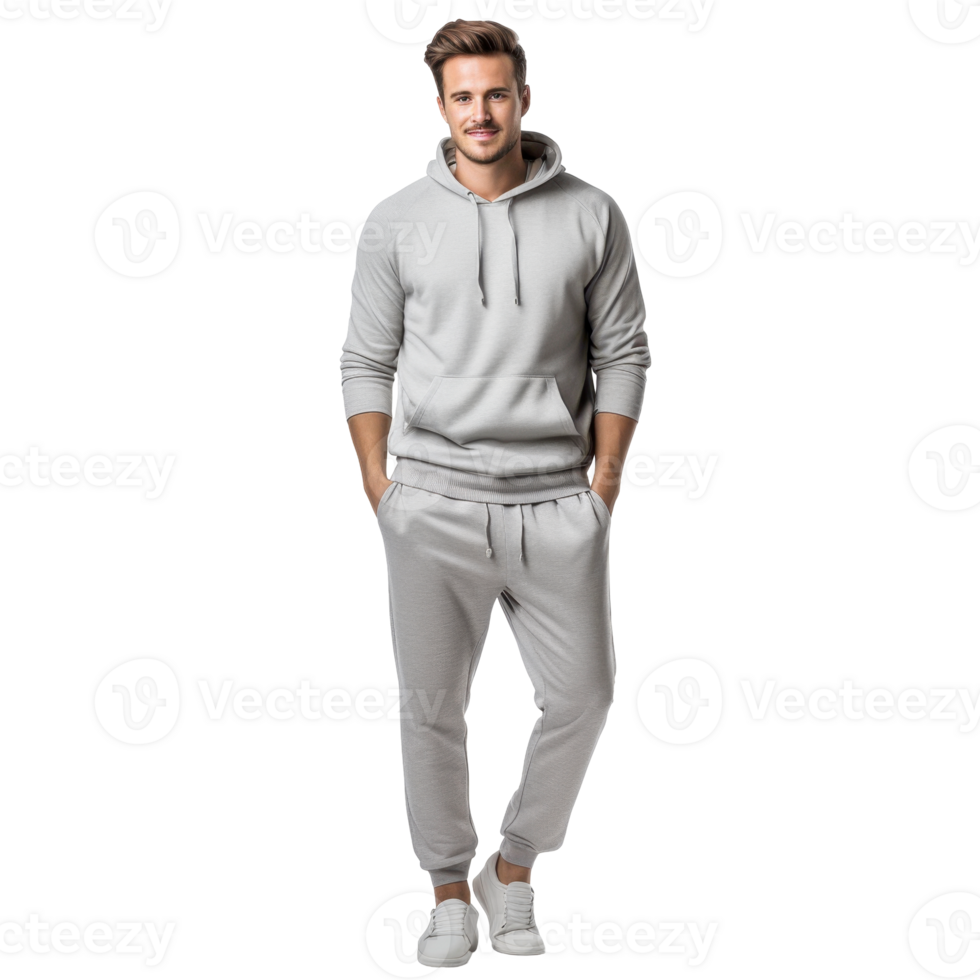 handsome man wearing a gray sweatshirt and gray pants. isolated on transparent background png