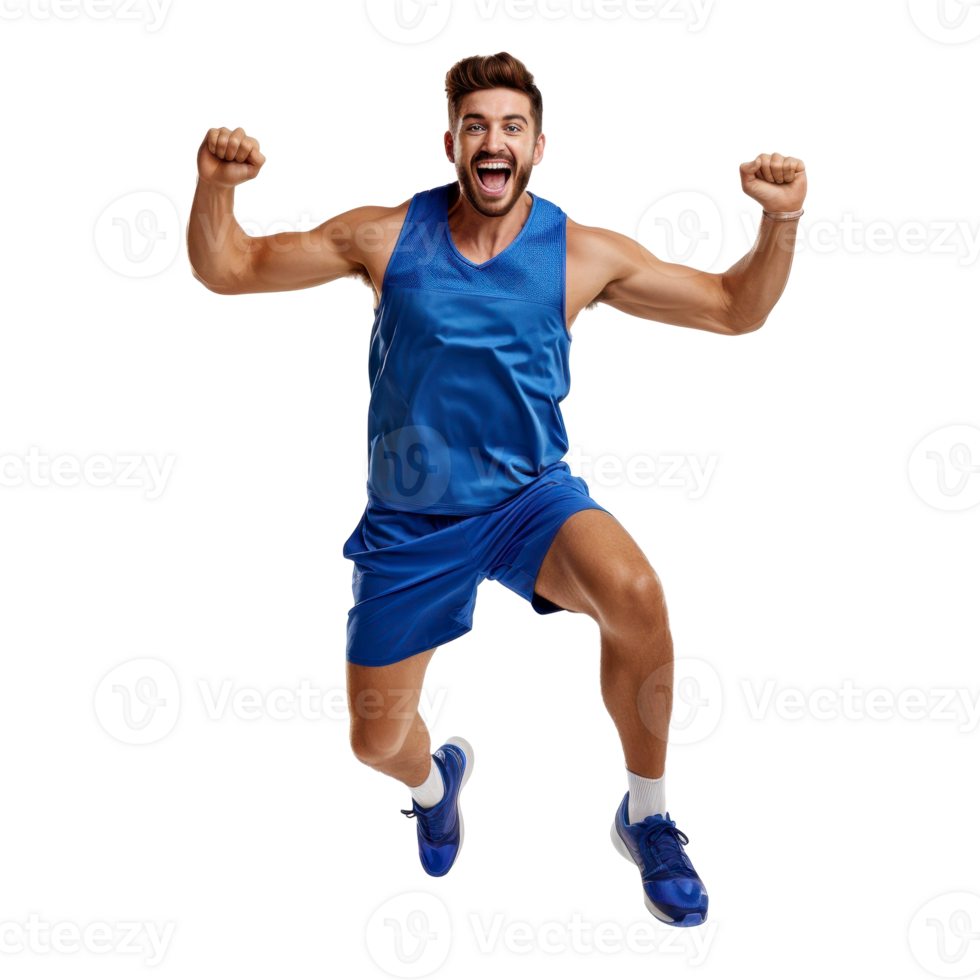 Man in blue tank top and blue shorts is jumping up and down. isolated on transparent background png