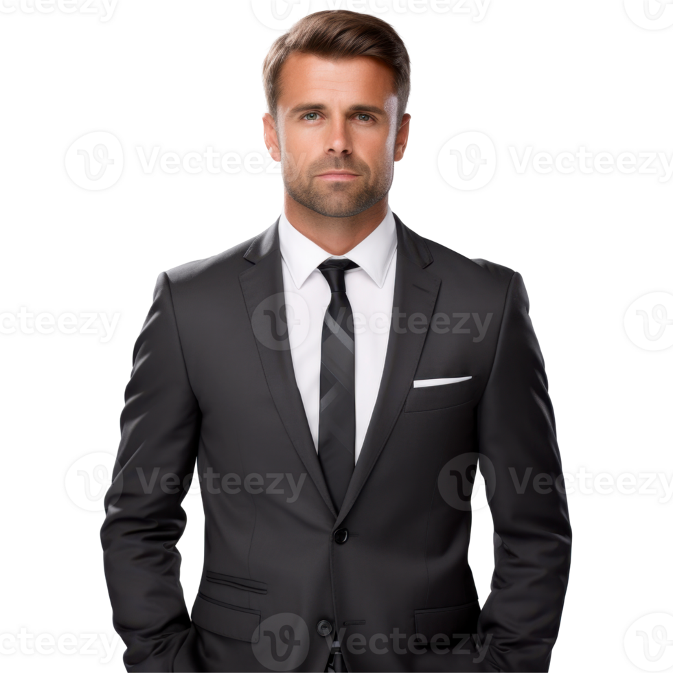 Young man in a suit and tie is standing isolated on transparent background png