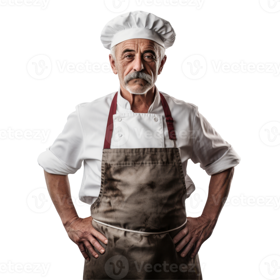 Aged Chef is wearing a white apron and a white hat. isolated on transparent background png