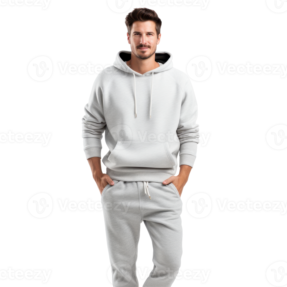 Man wearing a gray sweatshirt and gray pant. isolated on transparent background png