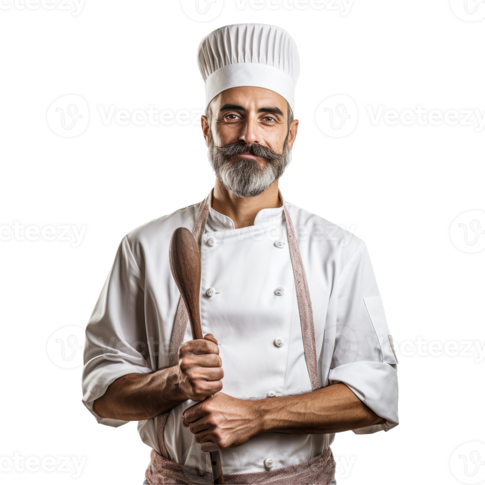 A man in a chef's uniform holding a wooden spoon. isolated on transparent background png
